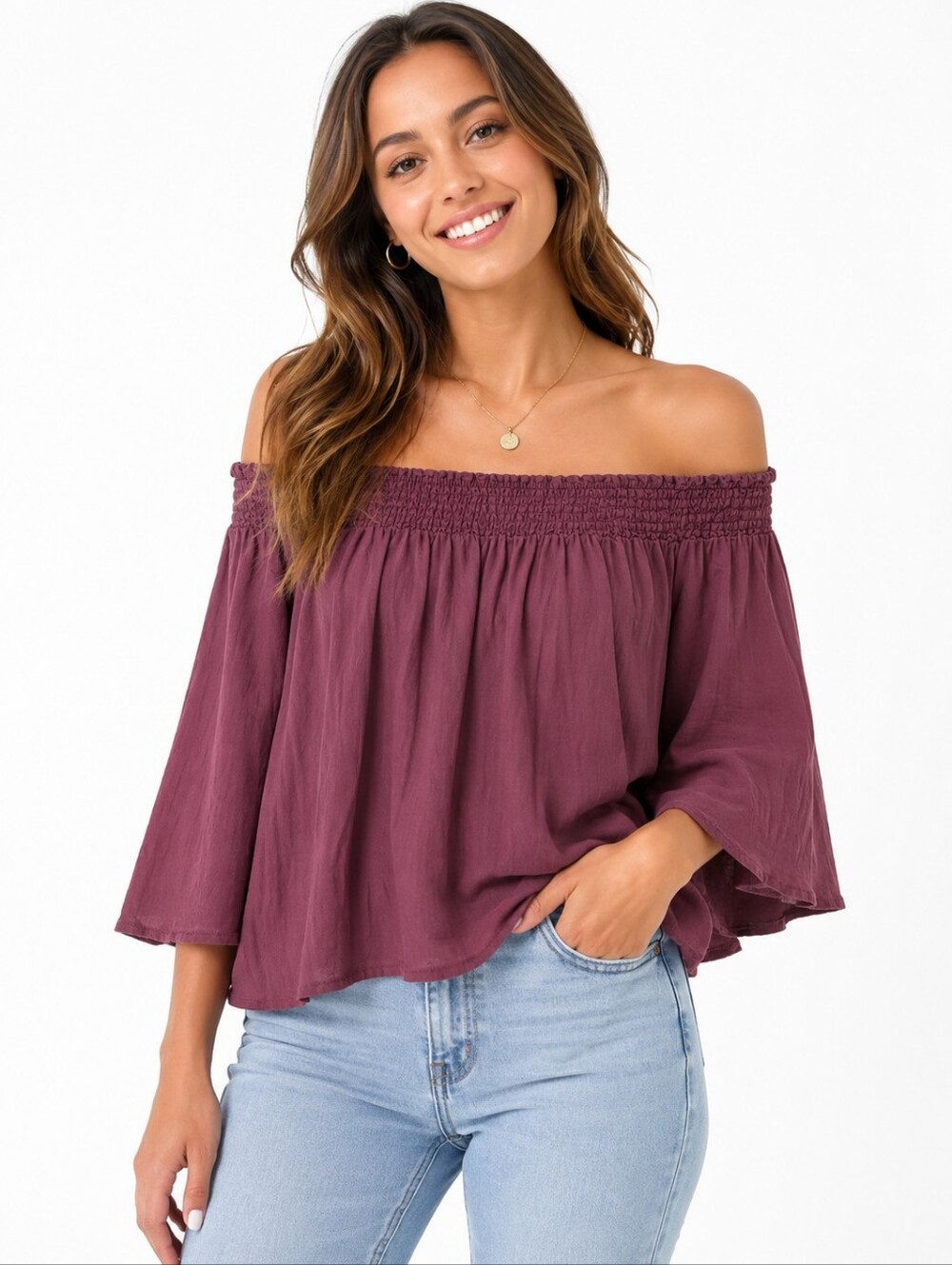 Talula Off Shoulder Boho Peasant Top Burgundy Mauve Rayon Flowy Size XS/S
